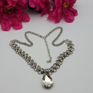 Art Deco Teardrop Crystal Pendant Necklace Silver-Tone 22" Adj. Lobster Clasp